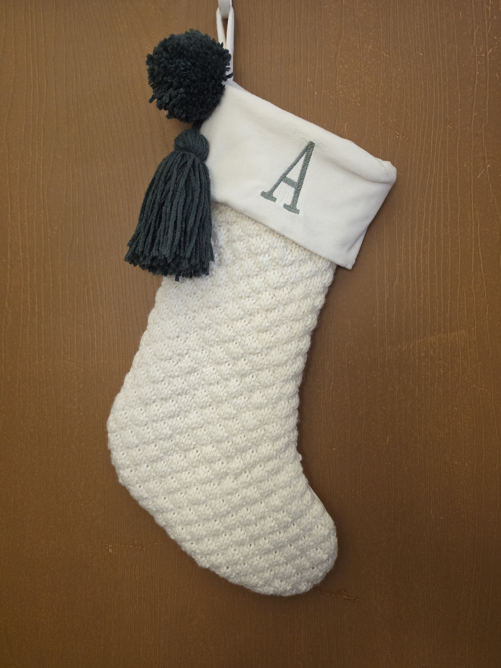 Cream Monogrammed "A" Knit Holiday Stocking with  Green Tassel